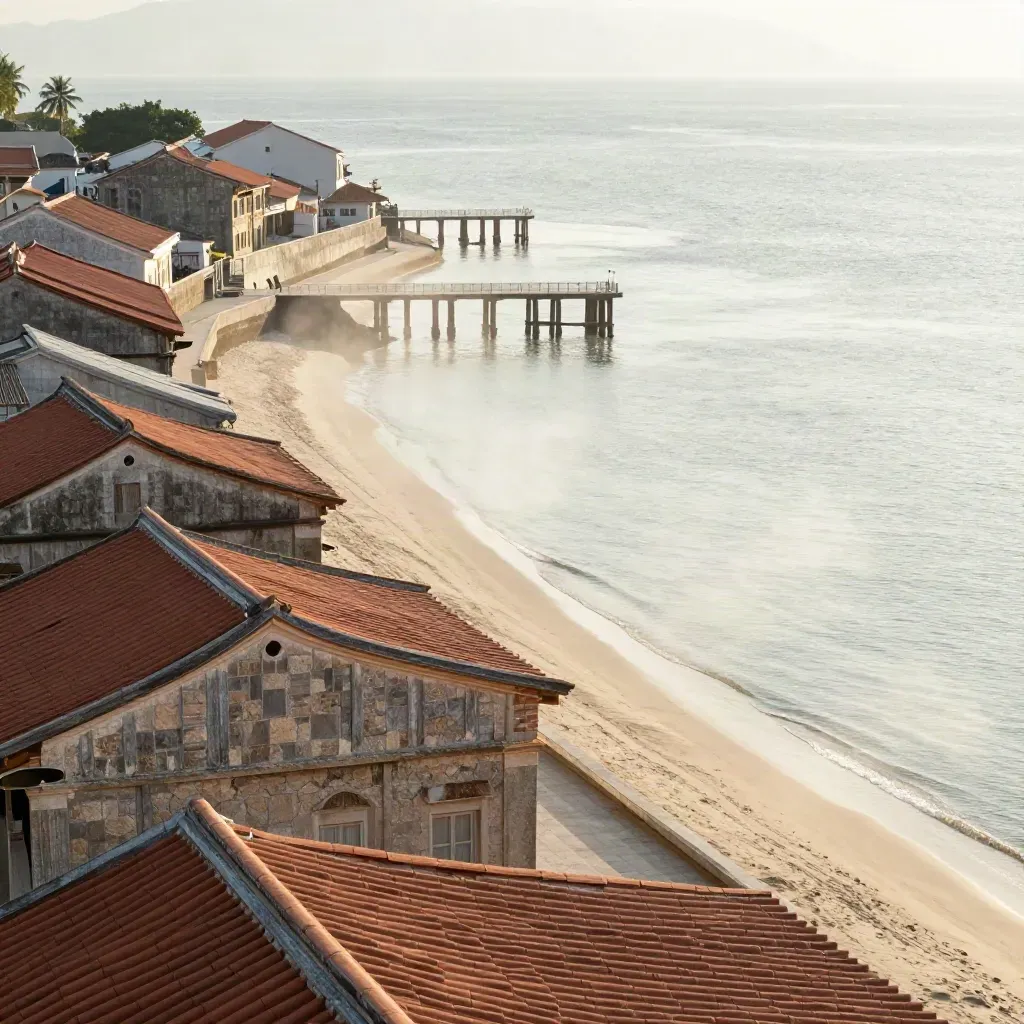 Atap warisan George Town dan garis pesisir berkabus dengan laut tenang di bawah.