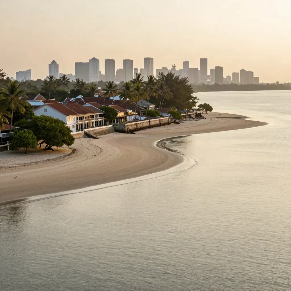 Pantai selatan berkabus dengan bangunan warisan rendah saat matahari terbenam.
