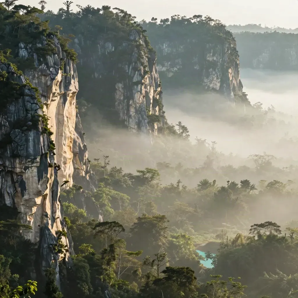 Landskap kabus pagi di Borneo dengan tebing batu kapur dan kanopi hutan hujan.
