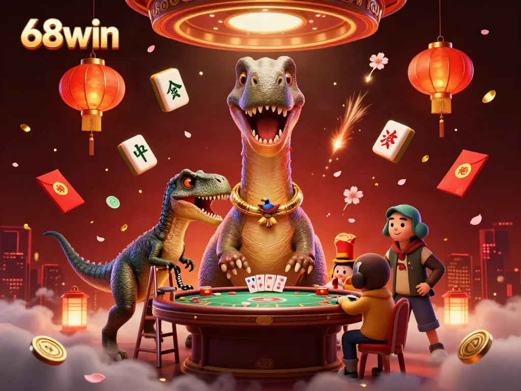 Experience the charm of 68win with a whimsical brontosaurus and clever raptor dealing cards in the casino
