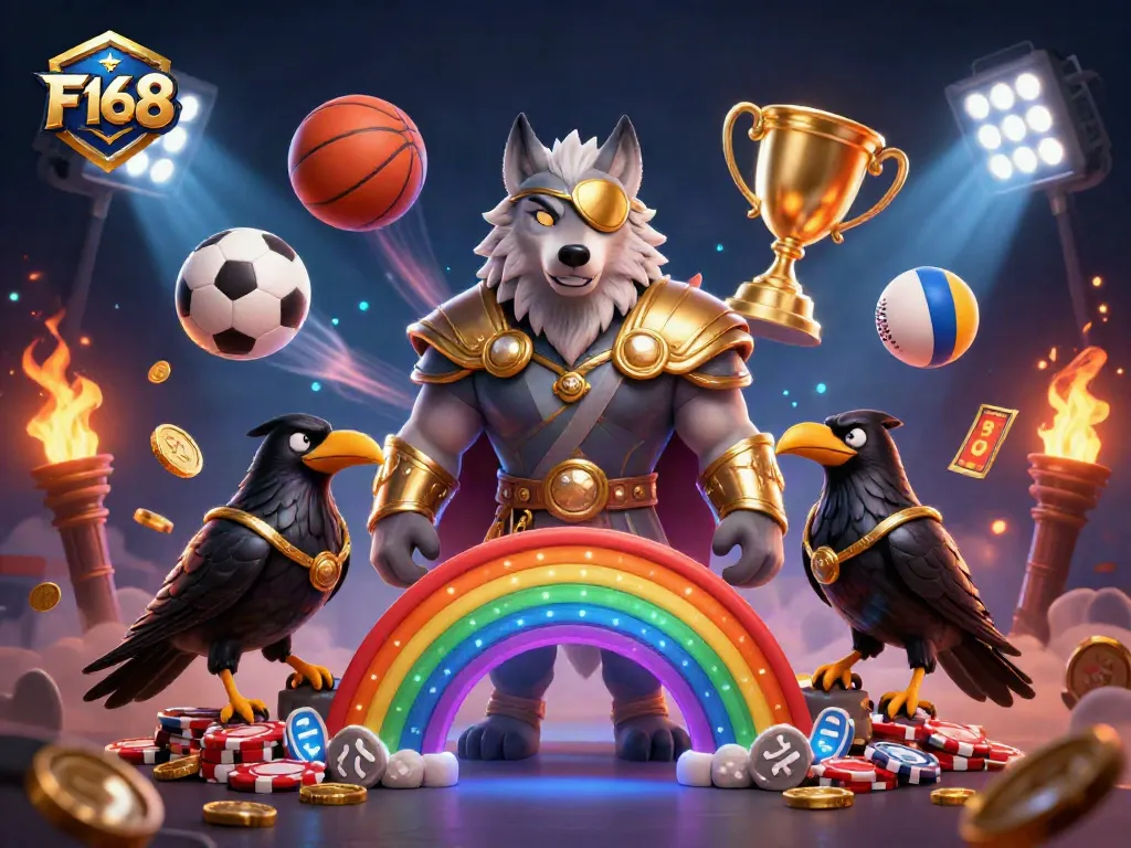 Engage with F168 through an immersive 3D casino scene featuring Norse mythology characters and sports elements.