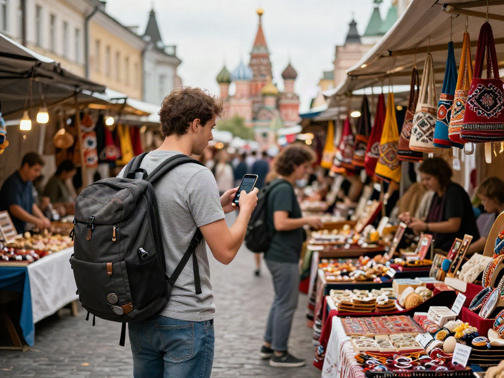 Pengembara di pasar jalanan Rusia, menggunakan https://payinrussia.com/ untuk transaksi dengan penjual tempatan.
