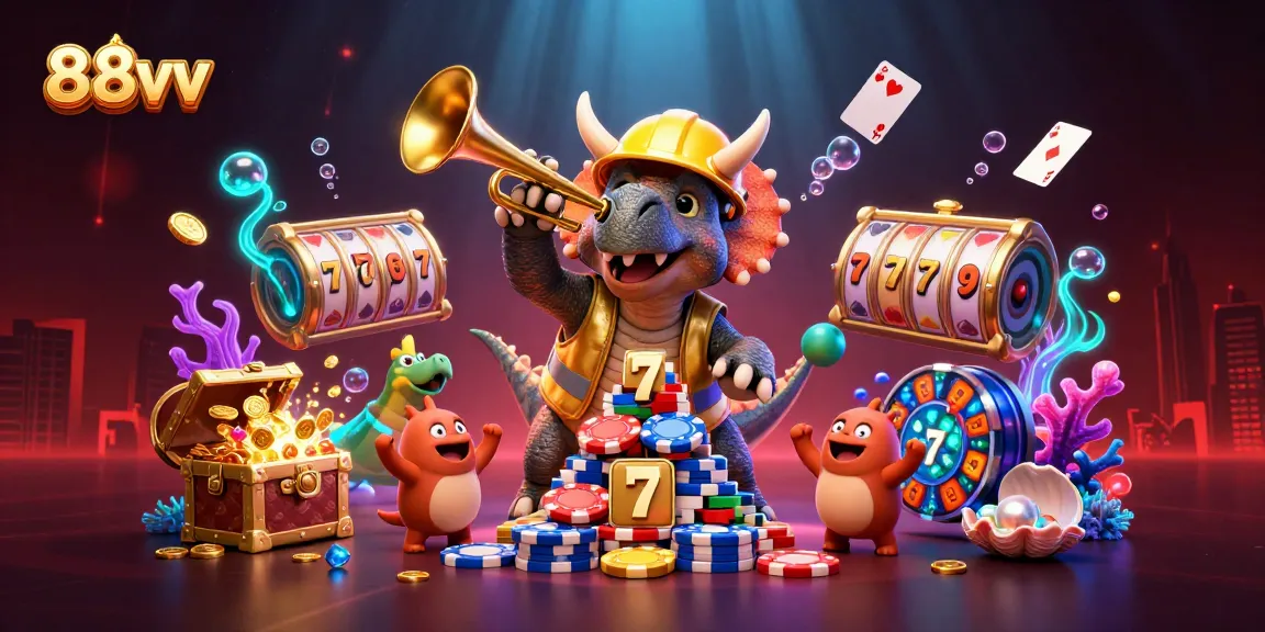 Experience the excitement of 88vv with a triceratops celebrating poker chip victories in a vibrant casino scene.