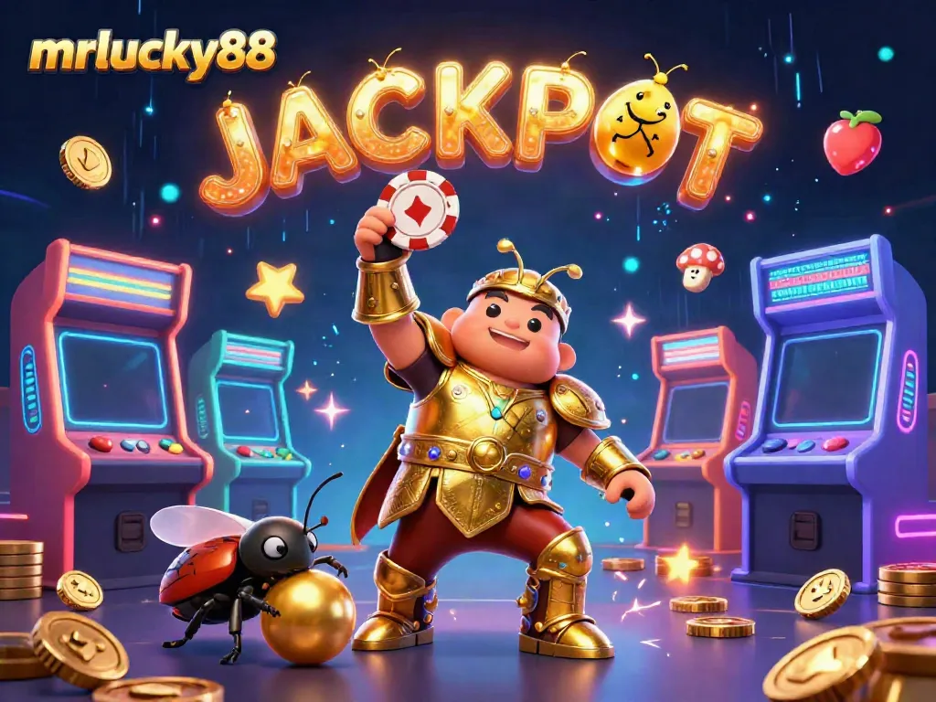 Engage in gaming excitement at mrlucky88 with a dynamic 3D illustration featuring a victorious beetle champion.