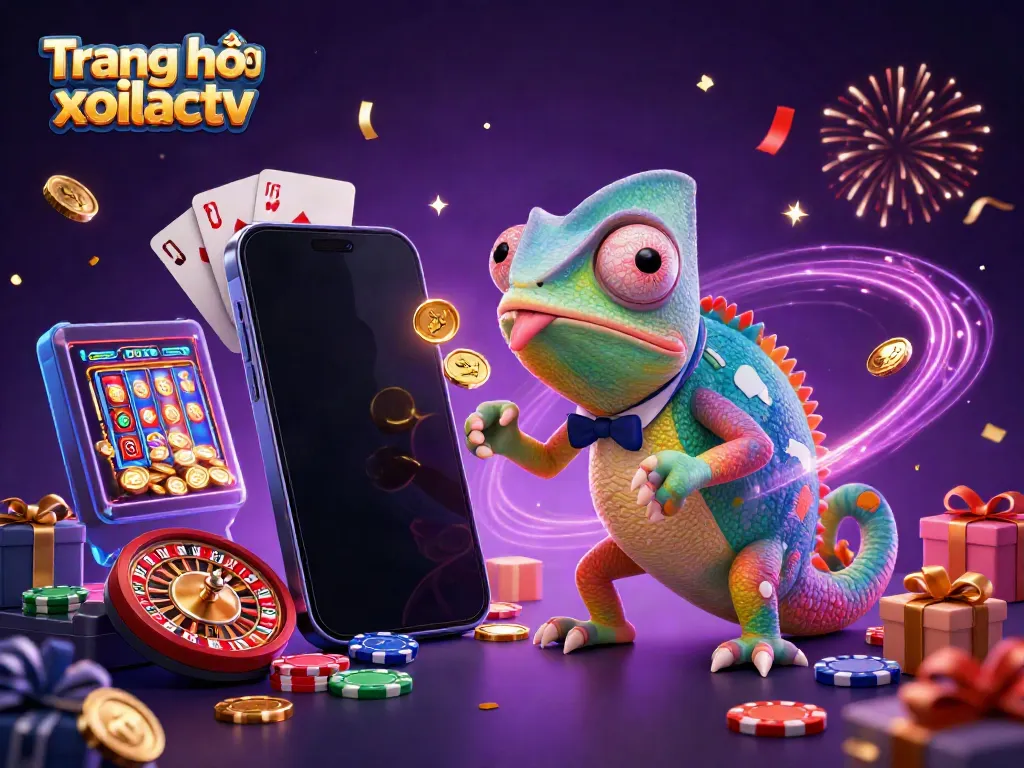 An engaging scene illustrating Trang chủ xoilactv with a colorful chameleon casino owner attracting golden coins and gaming elements.