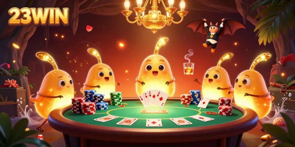 Engage with 23WIN's vibrant casino adventure, featuring bioluminescent glowworms and a bat dealer.