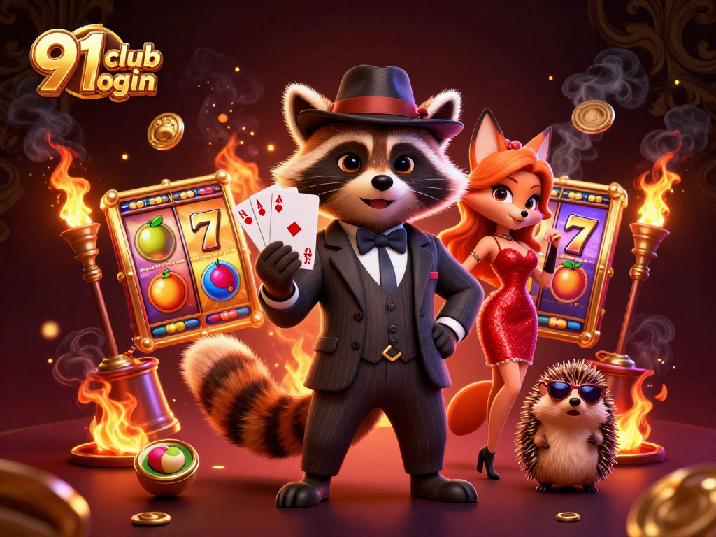 Engage with the vibrant 91 club login scene of raccoon and friends enjoying thrilling casino gameplay.