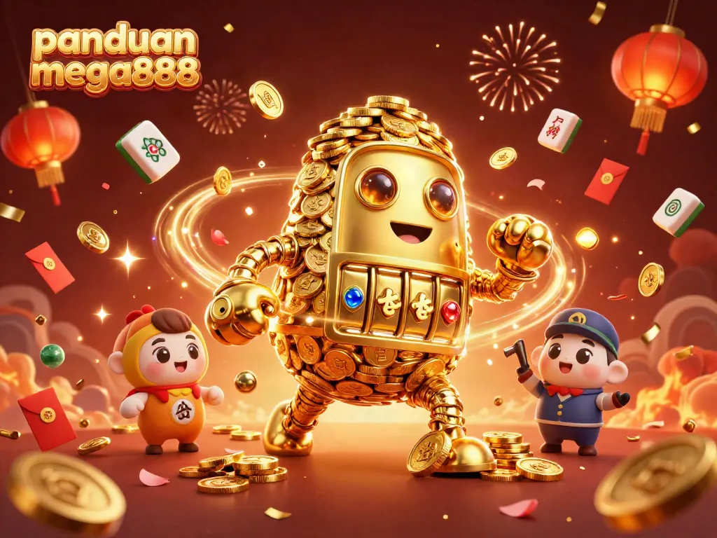 Engage with panduan mega888 through vibrant, celebratory casino-themed art, showcasing a golden golem and winning symbols.