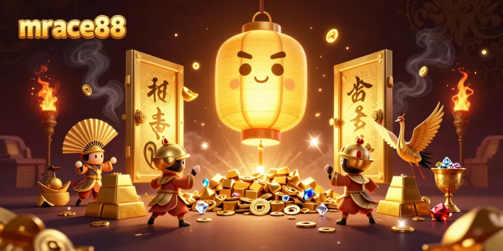 Engage with Mrace88 in this vibrant casino illustration filled with golden treasures and lucky symbols.