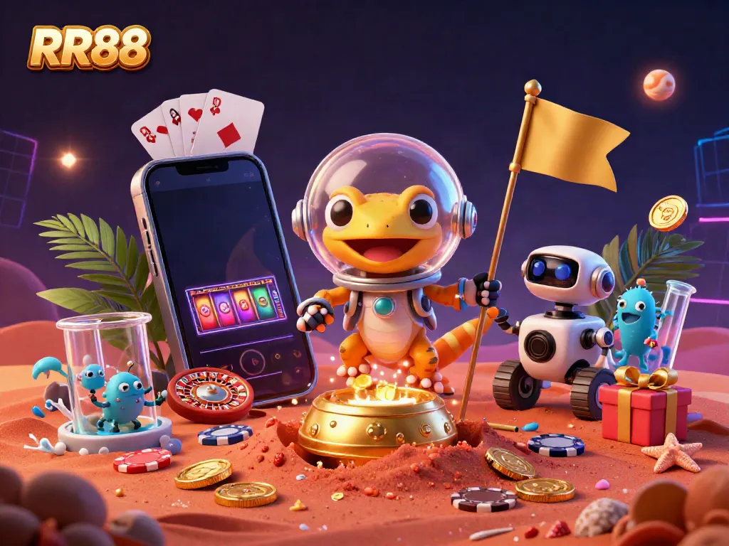 Uncover thrilling gaming adventures at RR88 with a Martian gecko and its robot rover discovering hidden treasures.