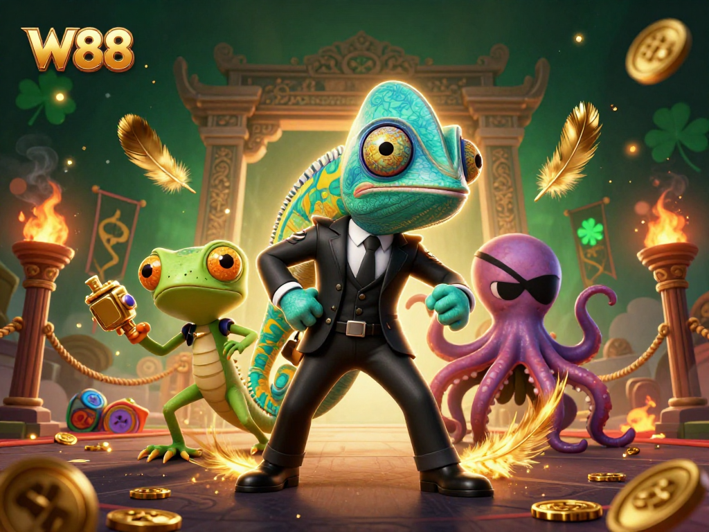 Engage with thrilling slots action at W88 with dynamic characters in a vibrant casino scene.