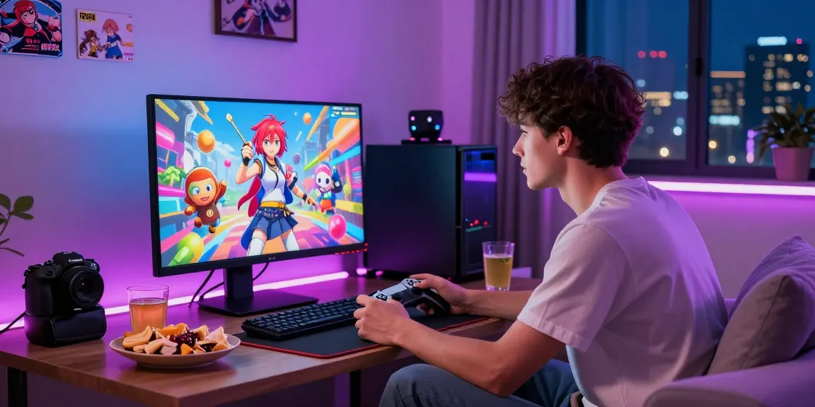 Engaged player enjoying an ecchi game on a modern gaming setup, vibrant ambiance.