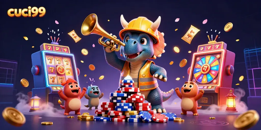 Experience Cuci99's dynamic gaming world with fun characters building poker chip pyramids!
