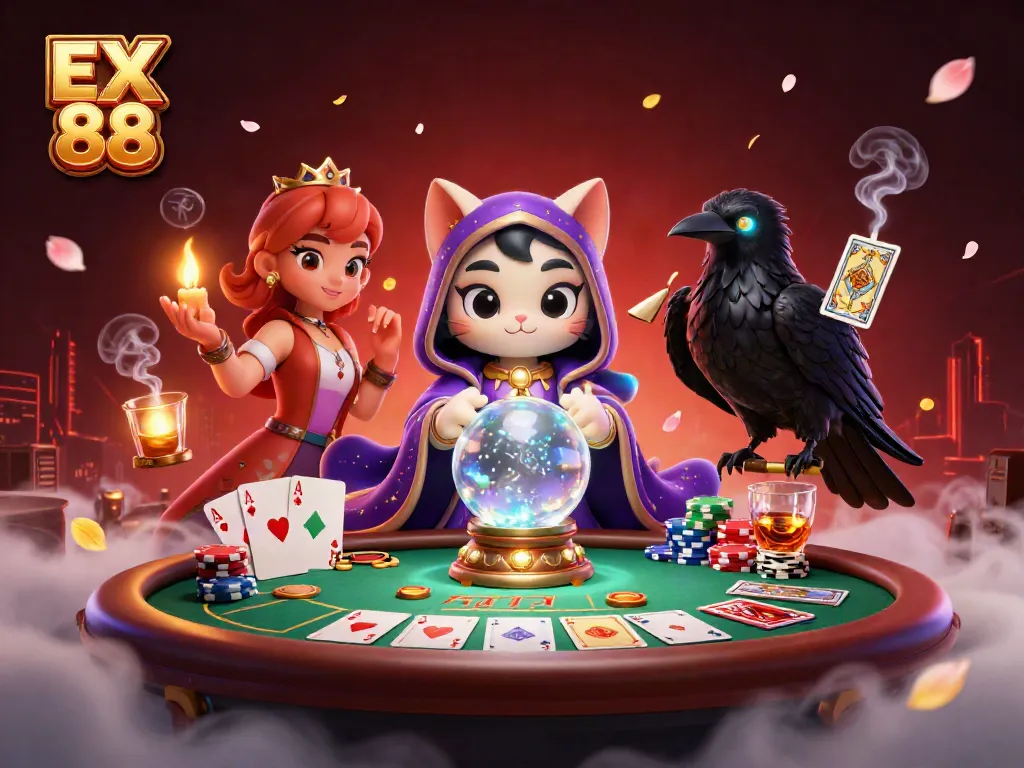 Engage with the mystical scene of EX 88 featuring a fortune teller cat, tarot raven, and poker elements.