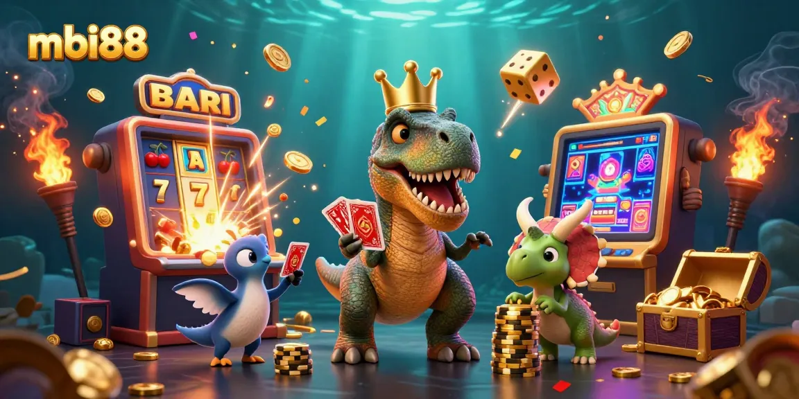 Experience the excitement of mbi88 as a cartoon T-Rex shuffles cards with friends, surrounded by dynamic casino elements.