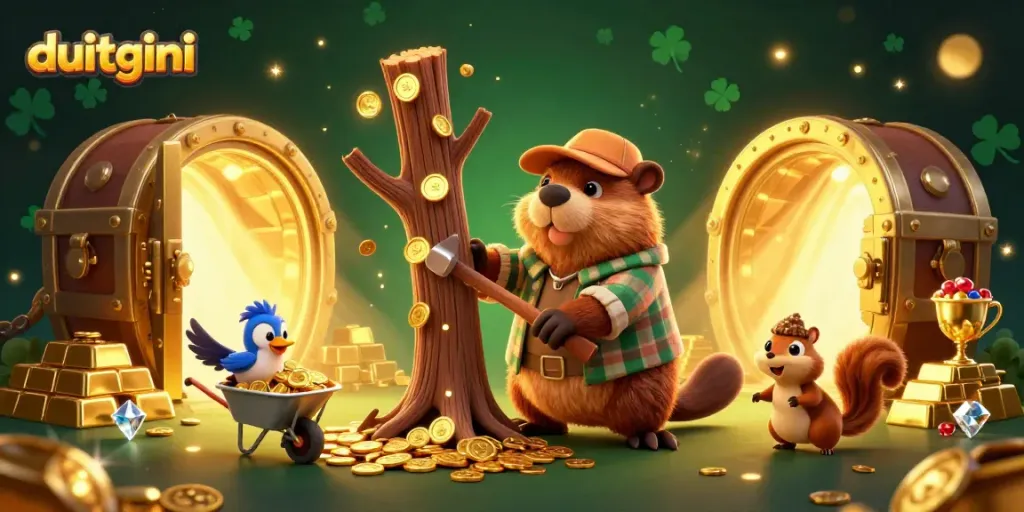 Experience winning moments with Duitgini's cartoon scene featuring characters enjoying a treasure hunt in a vibrant casino.