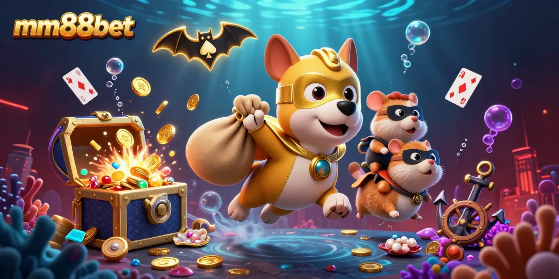Win big with mm88bet as a cartoon superhero dog flies through an exciting casino adventure.
