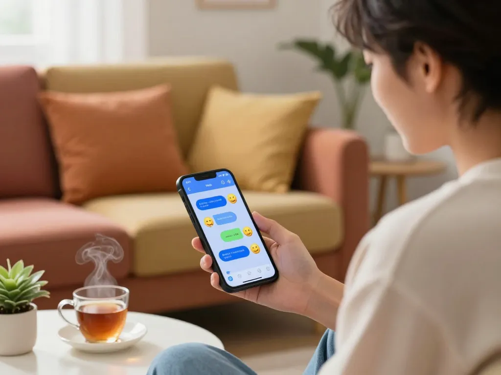 Inviting scene of a person engaging in AI sex chat on their smartphone in a cozy home environment.