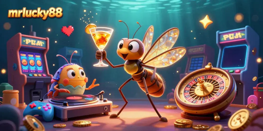 Experience mrlucky88 with vibrant casino characters and dazzling gaming elements in a rich 3D illustration.