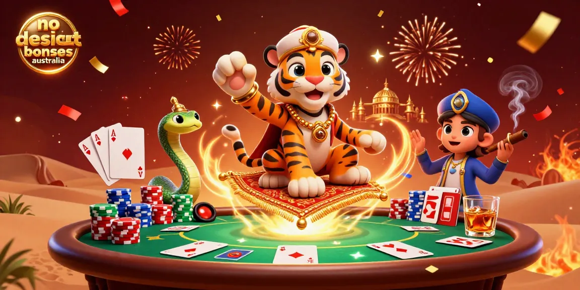 No deposit casino bonuses australia showcased in an enchanting illustration featuring Arabian Nights tiger sultan and casino elements.