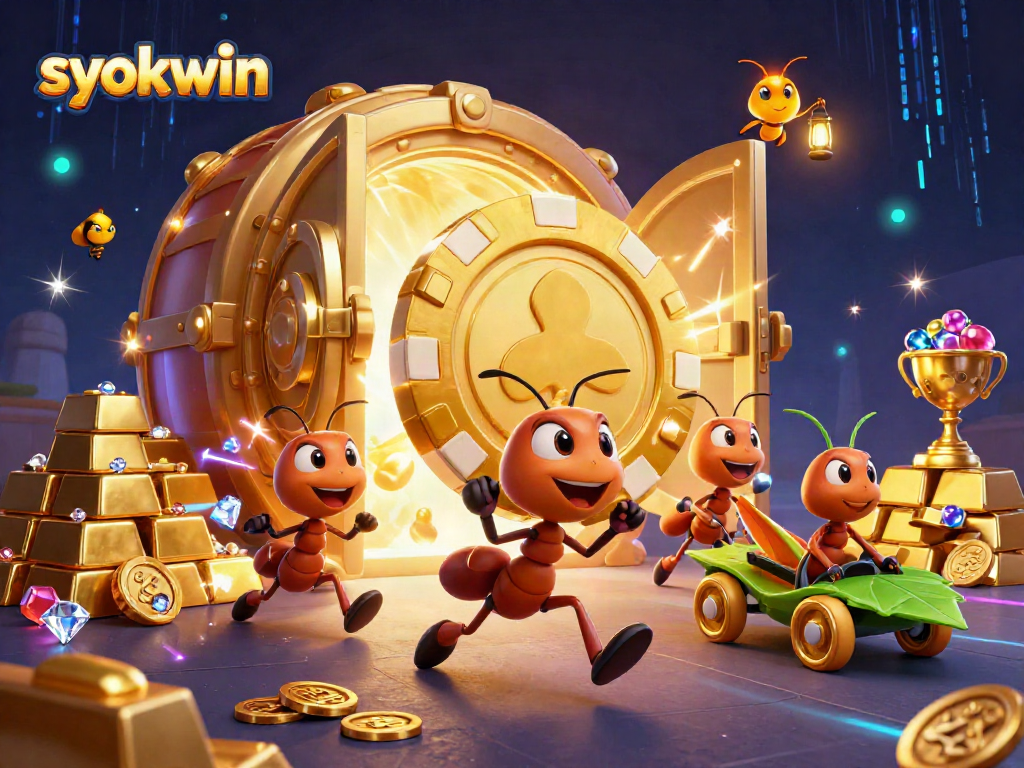 Team of ants heisting a giant poker chip with syokwin in a vibrant, detailed casino scene.