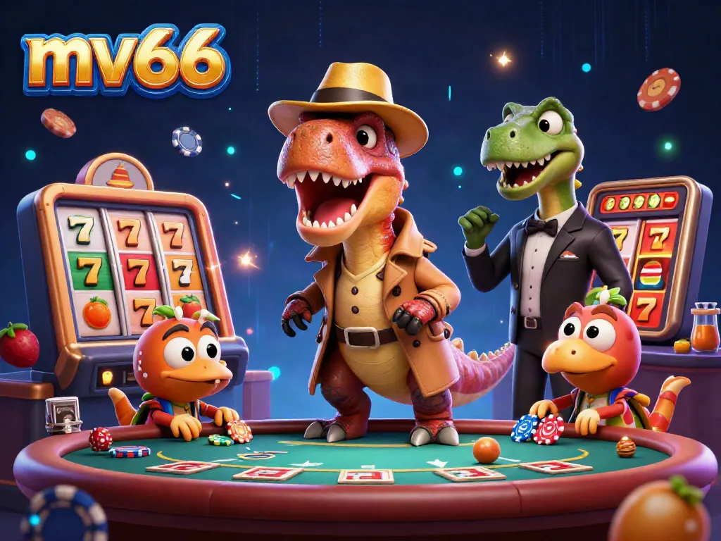 Watch the mv66 velociraptor card counter at a blackjack table amid slot reels and vibrant casino elements.