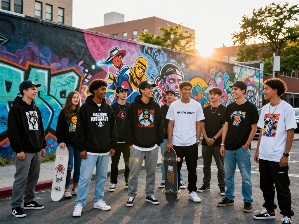 Fans wearing rokok88 super exclusive machine gun kelly merchandise in vibrant urban setting.