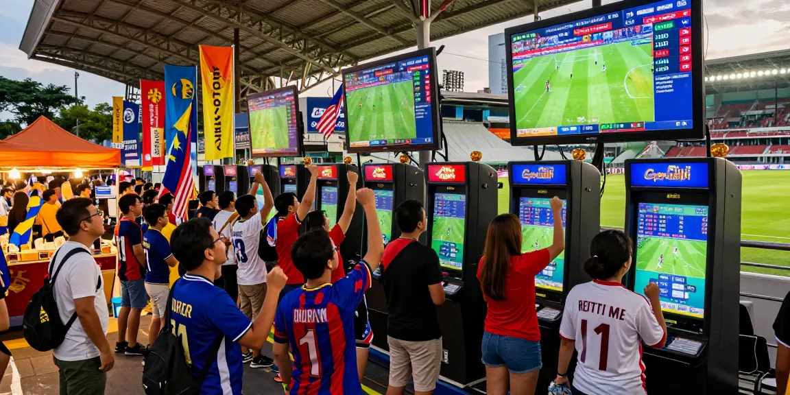 Exciting atmosphere of Football Betting Malaysia with fans, betting booths, and live match updates.