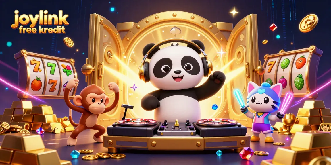 Experience joylink free kredit with an electrifying 3D festival scene featuring a DJ panda and vibrant casino elements.