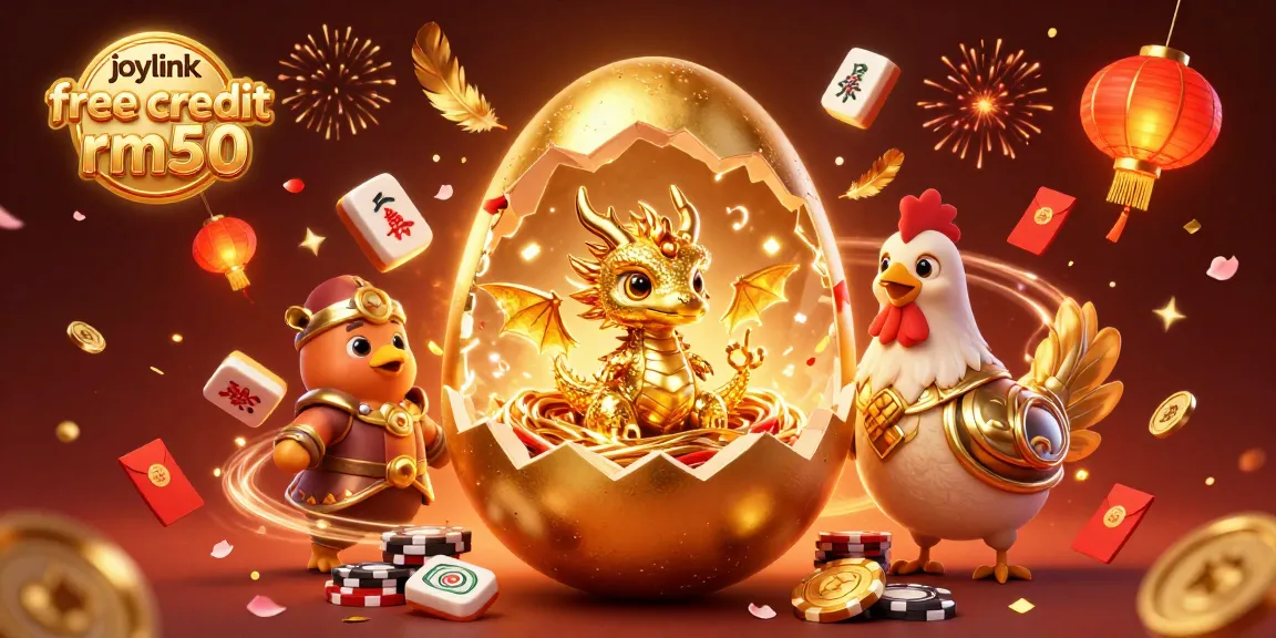 Experience the thrill of joylink free credit rm50 with a stunning golden dragon guarding poker chips in a festive casino illustration.