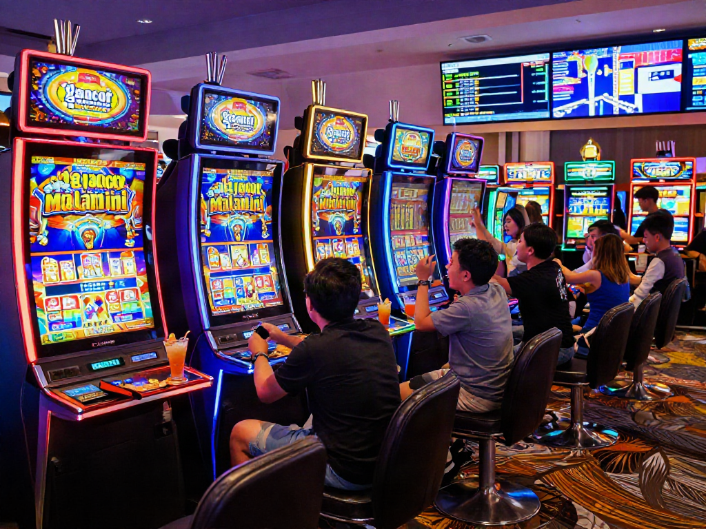 Excited players enjoying 'slot gacor malam ini' in a lively casino atmosphere filled with bright lights and slot machines.