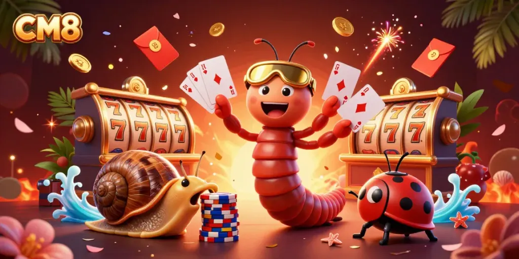 Experience CM8's vibrant casino world with a lively millipede dealer, lucky symbols, and festive atmosphere.