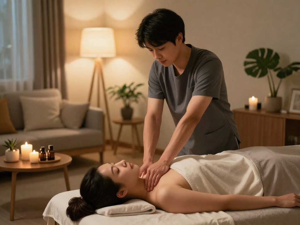 Experience tranquility with 역삼출장마사지 in a cozy home massage setting.