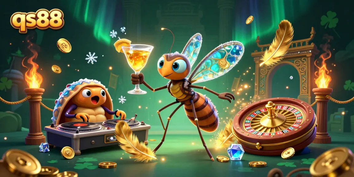 qs88 casino mascot illustration with a frozen mosquito, trilobite DJ, and golden roulette wheel, showcasing gaming excitement
