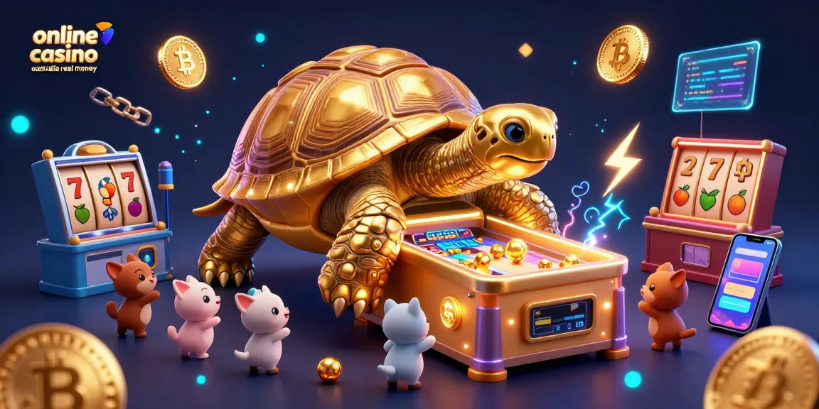 Play exciting games at the online casino australia real money, featuring a vibrant illustration of a tortoise pinball machine and many playful animals.