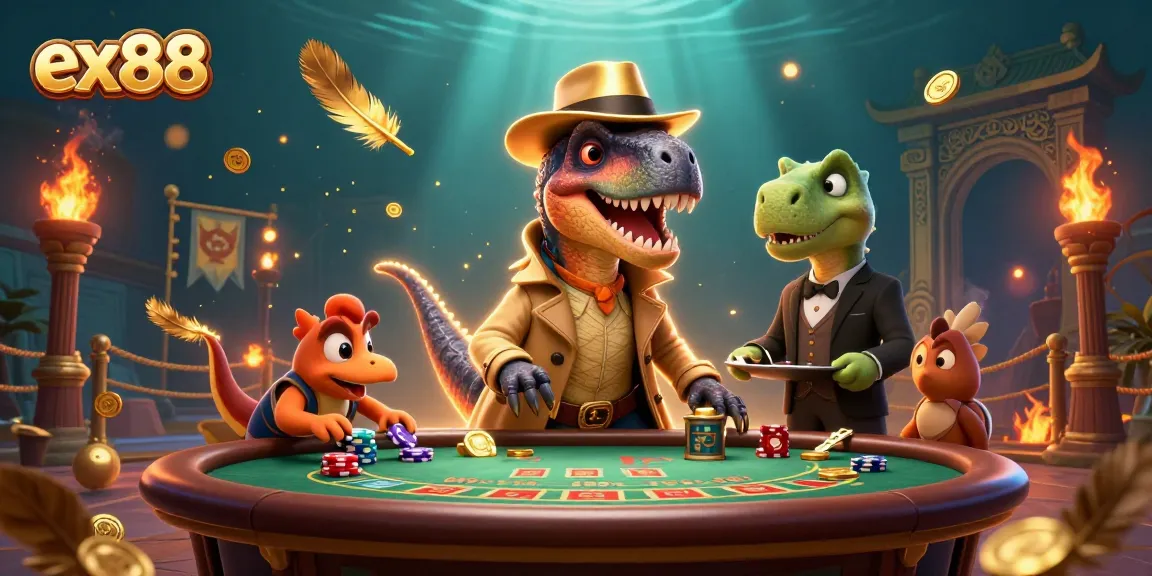 Experience thrilling moments at ex88 casino with a cartoon velociraptor card counter amidst lively gaming action.