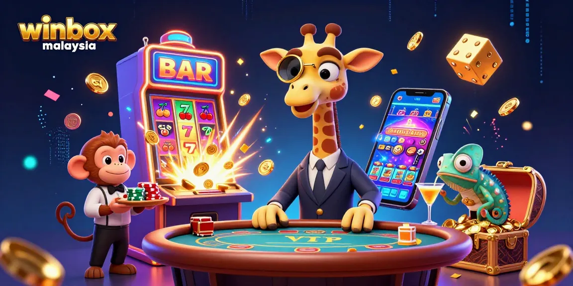 Winbox Malaysia's vibrant casino scene with a high-roller giraffe, monkey valet, and chameleon bartender enjoying colorful gaming action.
