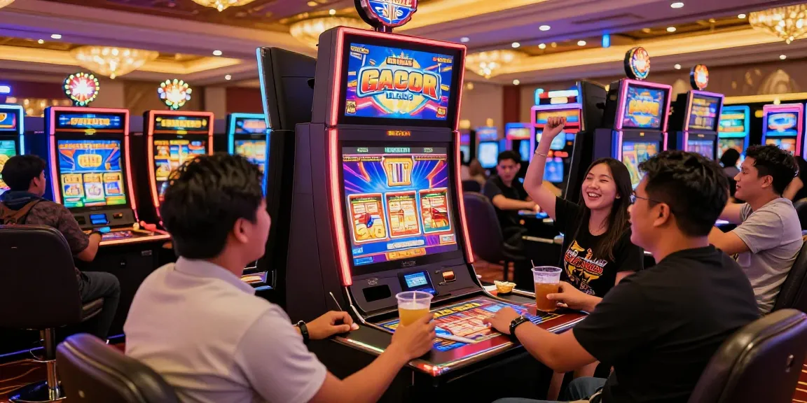 Players enjoying slot gacor games in a lively casino atmosphere with vibrant lights.