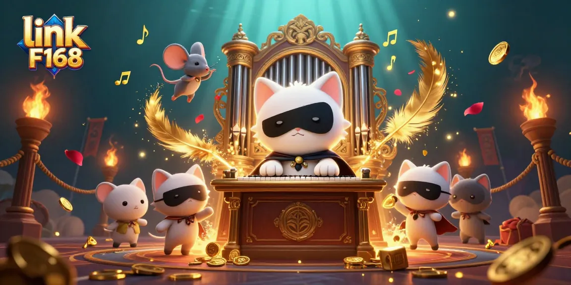 Experience excitement with link F168 in this vibrant 3D casino scene featuring a phantom cat and mouse acrobat.