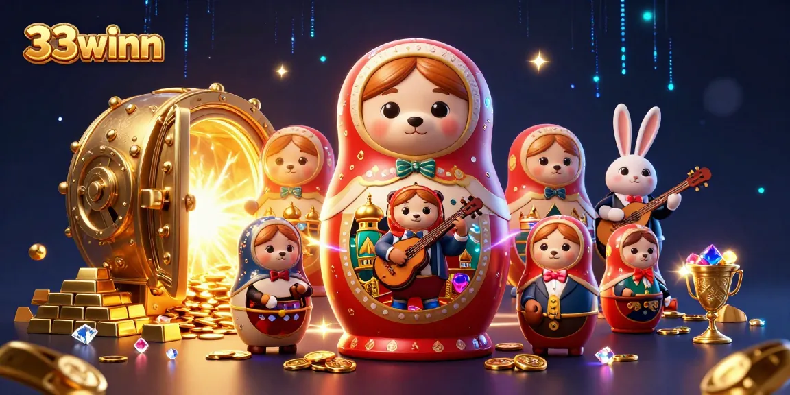 Engage with 33winn's thrilling casino experience, featuring a dynamic scene of cartoon bears and vibrant gems.